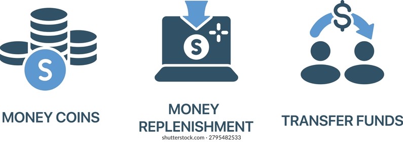 Vector illustration of money coins replenishment and fund transfer concept with dollar symbols