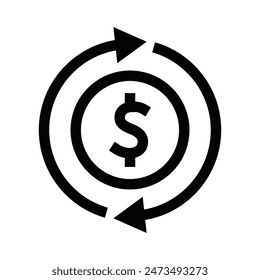 Vector illustration of a money cycle icon in black and white. Ideal for finance, economy, and business-related designs. Dollar symbol with arrows. Editable stroke.