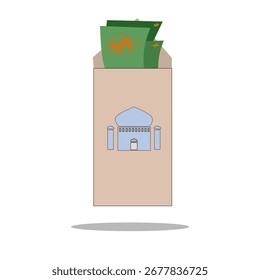 Ilustração vetorial de um envelope de dinheiro com um símbolo de mesquita, representando conceitos de pagamento islâmicos, como zakat, sadaqah, infaq e caridade, adequados para temas de finanças, religião e doação.