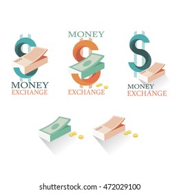 Vector illustration money exchange in flat style. Set of logo momey exchange. Different money and coins