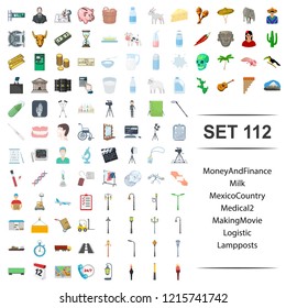 Vector illustration of money, finance, milk, mexico, country, medical making movie logistic lamppost icon set.
