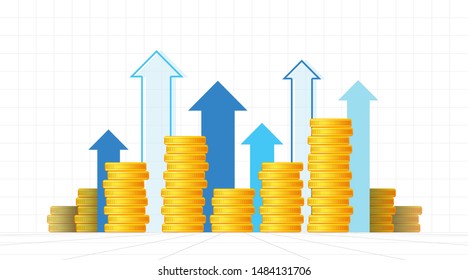 Vector illustration money growth concept. Stacks of flat icon gold coins, income increase, finance statistic report, investment productivity, financial performance, budget planning. 