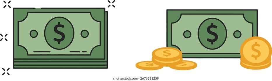 Vektorgrafik des Geldes, einschließlich Stapeln von Dollarscheinen und Haufen von Goldmünzen, einzeln auf weißem Hintergrund.