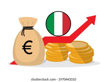 Vector illustration of money in the Italy, upward arrow, stock price appreciation chart, wealth, financial market concept. Investment income, improving the level of a good economy