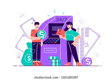 Vector illustration money, management. Concept employee of a bank with client ATM for web page, banner, presentation, social media, documents, cards, posters. money, management of investment in cards