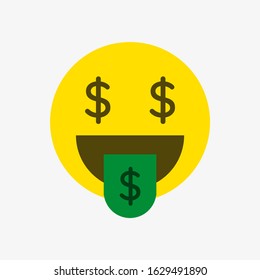 A vector illustration of a money mouth face emoji, american dollars, white background