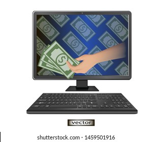 Vector illustration of money online earning on the Internet via computer making profit winning