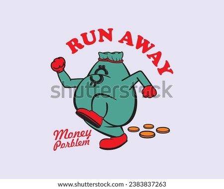 vector illustration of money in a sack in the form of an animated character with walking hands and feet and several coins falling out. streetwear design concept
