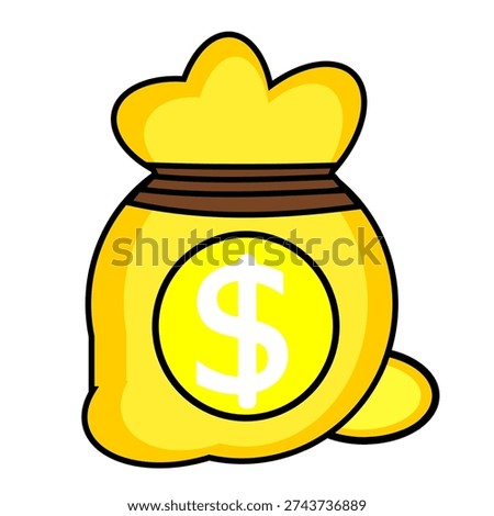 Vector illustration of a money sack with a yellow dollar currency symbol. Dollar sack icon. Cartoon money sack filled with dollars.