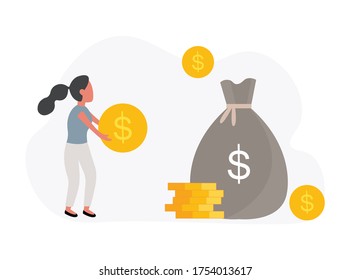Vector illustration Money saving concept Woman holding a coin us Dollar put in a bag