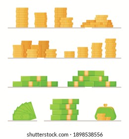 Vector illustration of money. Saving up for a dream. Paying with bills. Gold footprints.