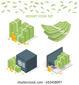 Vector illustration of money stacks and safe and laptop icons isolated on white