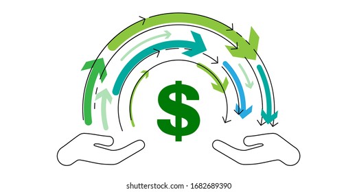 vector illustration of money symbol and hands with passing arrows for transaction and payments visuals