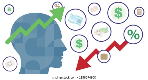 vector illustration money symbols and human silhouette for business thinking and neuroscience connect to financial studies 