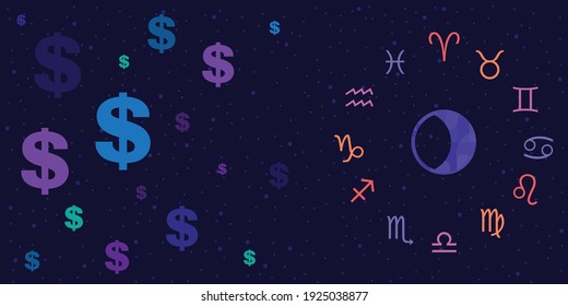 vector illustration of money symbols and zodiac signs wheel for financial predictions and paid forecasts