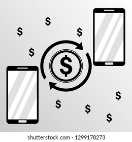 Vector illustration of money transaction on line, mobile payments using smartphone and e wallet.