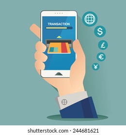 Vector Illustration For Money Transaction, Technology, Business, Mobile Banking And Mobile Payment