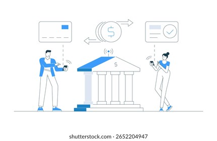 Ilustração vetorial de uma transferência de dinheiro entre telefones e um banco, com um homem, mulher e ícones financeiros. Conceito de pagamento on-line, banco e transação digital usando smartphone e tecnologia.