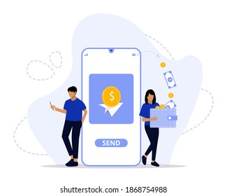 Vector Illustration, Money transfer to e-wallet Concept, Showing the activity of entrepreneurs shopping using e wallet, Suitable for landing page, UI, web, App intro card, editorial, flyer, and banner