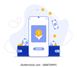 Ilustración vectorial, transferencia de dinero a e-wallet Concept, Mostrando la actividad de los emprendedores comprando usando billetera electrónica, Adecuado para la página de inicio, UI, web, tarjeta de introducción de aplicaciones, editorial, volante y banner