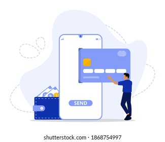 Ilustración vectorial, transferencia de dinero a e-wallet Concept, Mostrando la actividad de los emprendedores comprando usando billetera electrónica, Adecuado para la página de inicio, UI, web, tarjeta de introducción de aplicaciones, editorial, volante y banner