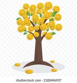 Vector illustration of a money tree with any currency symbol currency coins. Colored vector for website design .Simple design on transparent background (PNG).