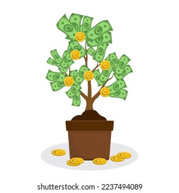 Vector illustration of a money tree with Cent Centavo currency. Colored vector for website design .Simple design on white background.