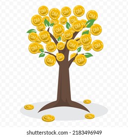 Vector illustration of a money tree with deutsche mark currency coins. Colored vector for website design .Simple design on transparent background (PNG).