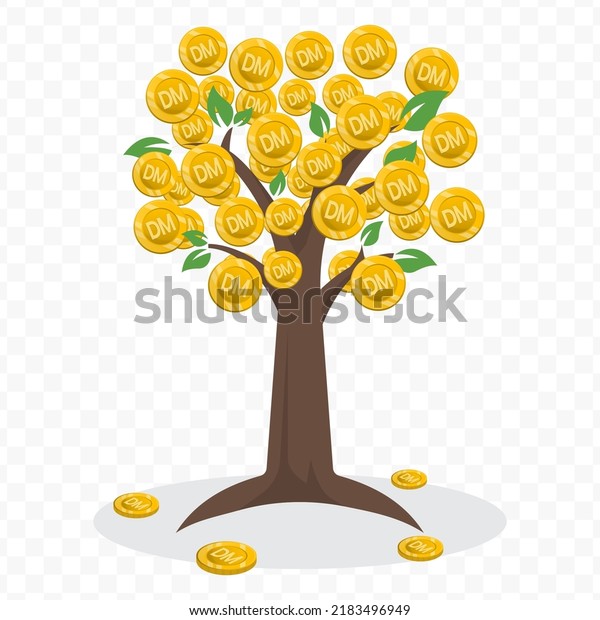 Vector illustration of a money tree\
with deutsche mark currency coins. Colored vector for website\
design .Simple design on transparent background\
(PNG).