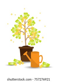 Vector illustration of Money tree in flower pot vector icon on white background. Money growing on tree. Money growth, making money, investment, profit, financial management concept.
