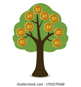 Vector illustration of a money tree. Tree with gold coins. Growth in financial well-being