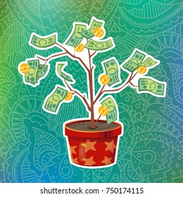 Vector illustration of money tree on gradient lace pattern background