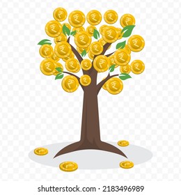Vector illustration of a money tree with Rupee currency coins. Colored vector for website design .Simple design on transparent background (PNG).