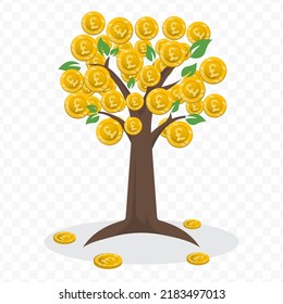 Vector illustration of a money tree with UK Pound currency coins. Colored vector for website design .Simple design on transparent background (PNG).