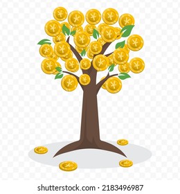 Vector illustration of a money tree with Yen currency coins. Colored vector for website design .Simple design on transparent background (PNG).