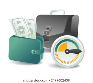 A vector illustration of money, a wallet, and a clock