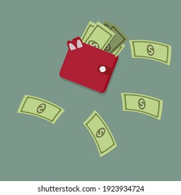 Vector illustration of money in women's wallet.