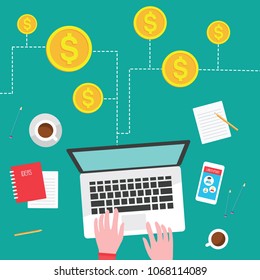 Vector illustration. Money, work and freelance concept. Hands on laptop and phone with dollar icon, internet money. Flat modern design on green background.
