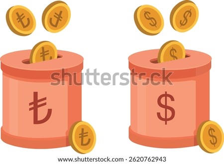 Vector illustration of a money-saving box (piggy bank) with currency symbols including Dollar, Euro, and Turkish Lira. Ideal for content about saving, budgeting, and financial education.