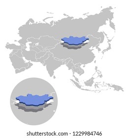 Vector illustration of Mongolia in blue on the grey model of Asia map with zooming replica of country.