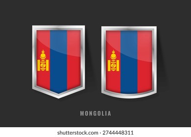Vector illustration of Mongolia flag on 3D metallic shields. Vertical red and blue triband with yellow Soyombo emblem. National symbol of Mongolian pride, history and Central Asian heritage