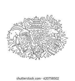 Vector illustration of Mongolia with symbols of the country. 