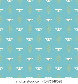 Vector illustration of mongolian traditional symbols, motifs and knots in aqua, yellow and white. Geometric seamless repeat pattern for home decor, wallpaper, backdrop, scrapbooking, textile, gifts an