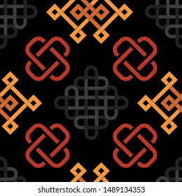 Vector illustration of mongolian traditional symbols, motifs, knots in red, orange, coral, grey and black. Seamless pattern for fabric, textile, gifts, wallpaper and scrapbooking.