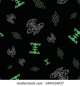 Vector illustration of mongolian traditional symbols, motifs, knots and stylized clouds in green, emerald, black and white. Seamless pattern for fabric, textile, gifts, wallpaper and scrapbooking.