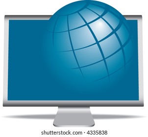 A vector illustration of a monitor with a globe coming right out of it