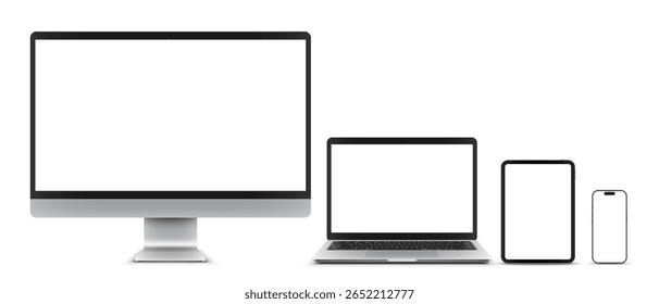 Vector illustration of monitor, laptop, digital tablet, mobile phone with blank empty white screen. Realistic mockup or template, isolated on white background