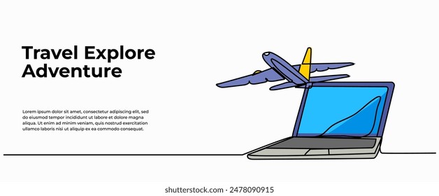 Vector illustration of monitor plane trips from a laptop.Modern flat in continuous line style.