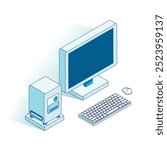 Vector illustration of a monitor and a system unit in isometric projection: modern and stylish design of computer equipment, made in minimalistic graphics, which is suitable for projects