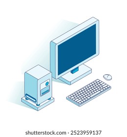 Ilustración vectorial de un monitor y una unidad de sistema en proyección isométrica: diseño moderno y elegante de equipos informáticos, hechos en gráficas minimalistas, que son adecuados para proyectos